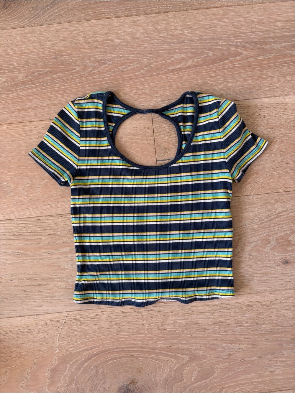 SO Navy Striped Ribbed Crop Top with Yellow & Green Accents